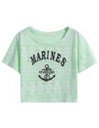 Romwe Marines Anchors Print Crop Green T-shirt