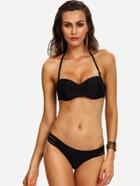 Romwe Shirred Front Strappy Bikini Set - Black