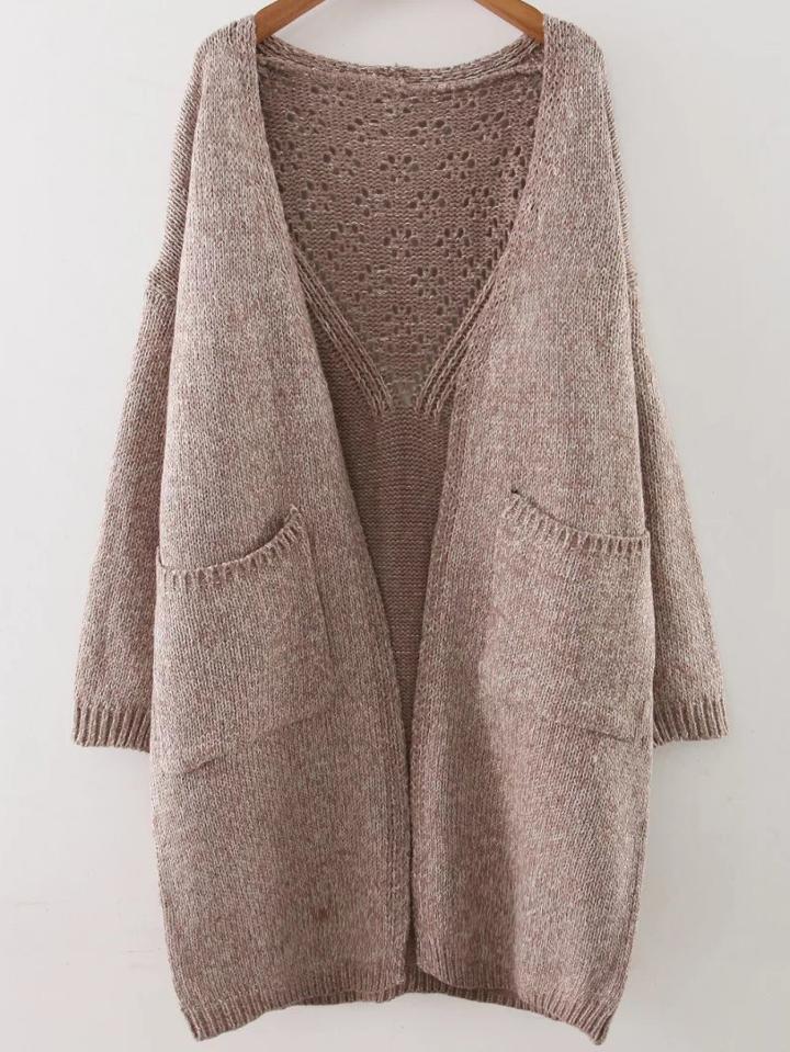 Romwe Khaki Hollow Out Drop Shoulder Pocket Long Sweater Coat