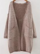 Romwe Khaki Hollow Out Drop Shoulder Pocket Long Sweater Coat