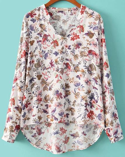 Romwe V Neck Floral Dipped Hem White Blouse