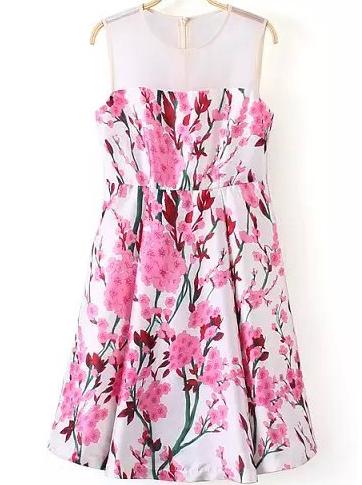 Romwe Contrast Sheer Mesh Florals Pleated Dress