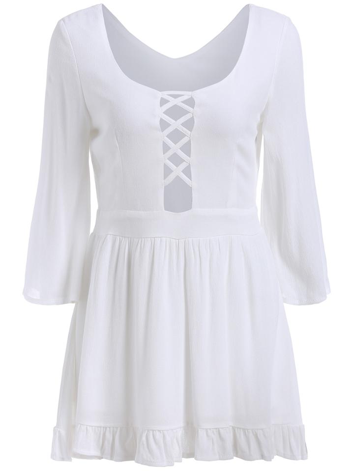 Romwe Scoop Neck Bandage Ruffle White Dress