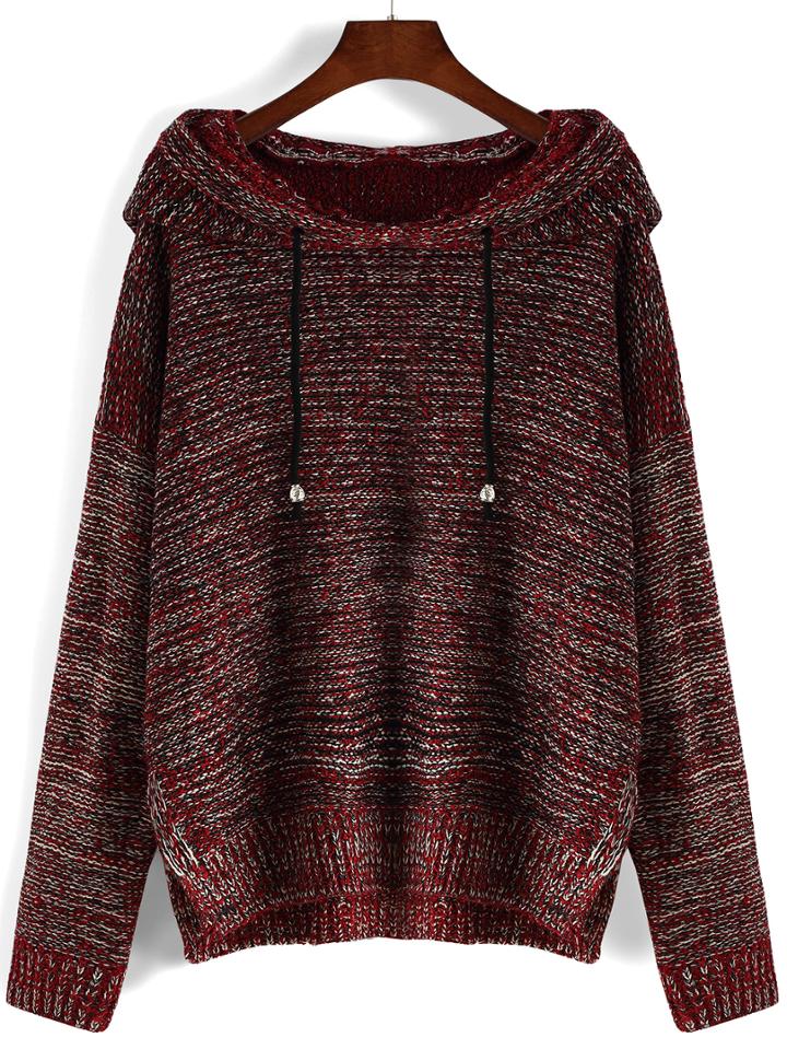 Romwe Hooded Drawstring High Low Maroon Sweater