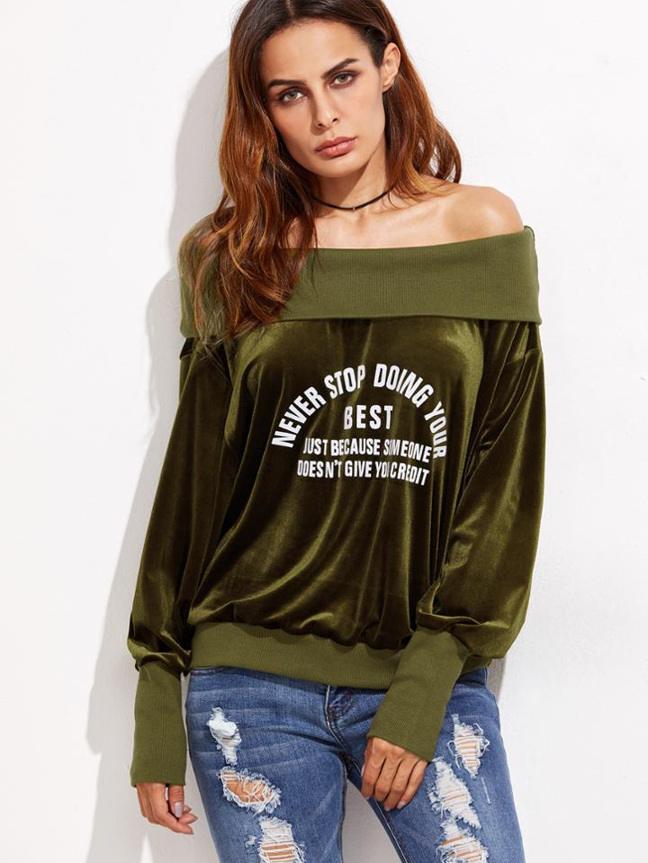 Romwe Olive Green Off The Shoulder Velvet Sweatshirt