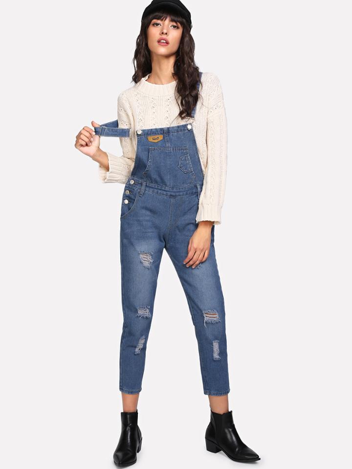 Romwe Bleach Wash Ripped Denim Overalls