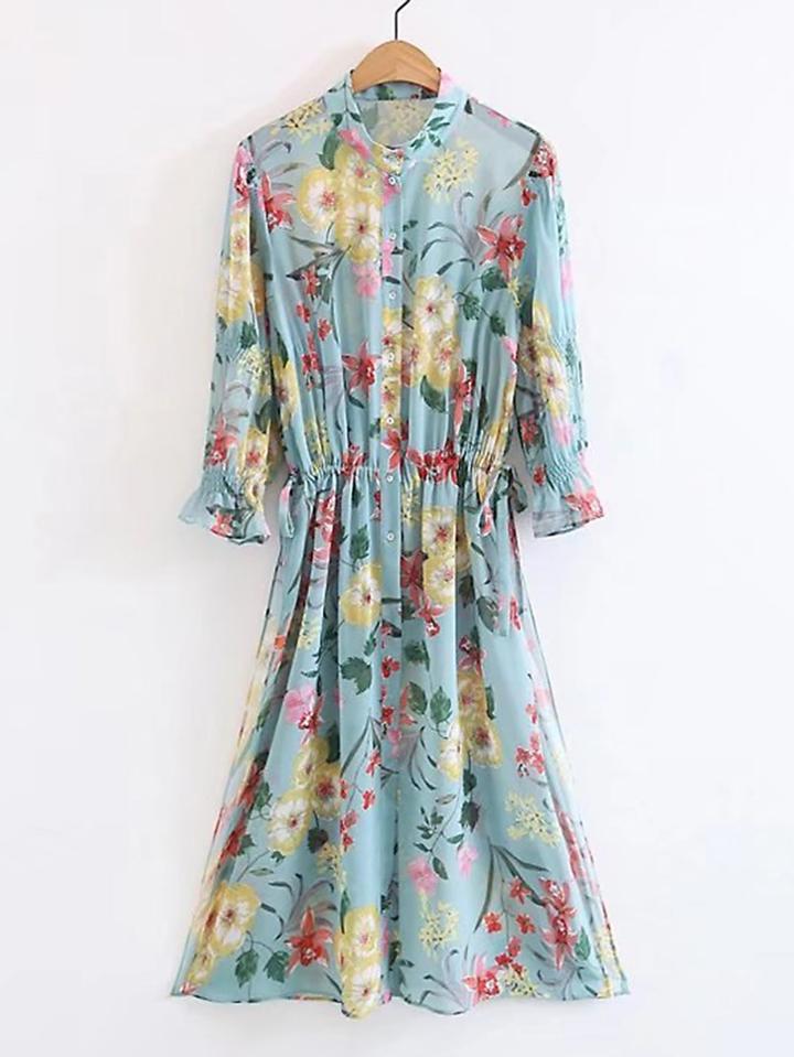 Romwe Floral Print Shirred Waist Shirt Dress