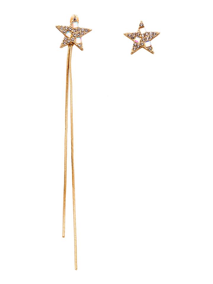 Romwe Gold Plated Star Rhinestone Long Chain Asymmetrical Earrings