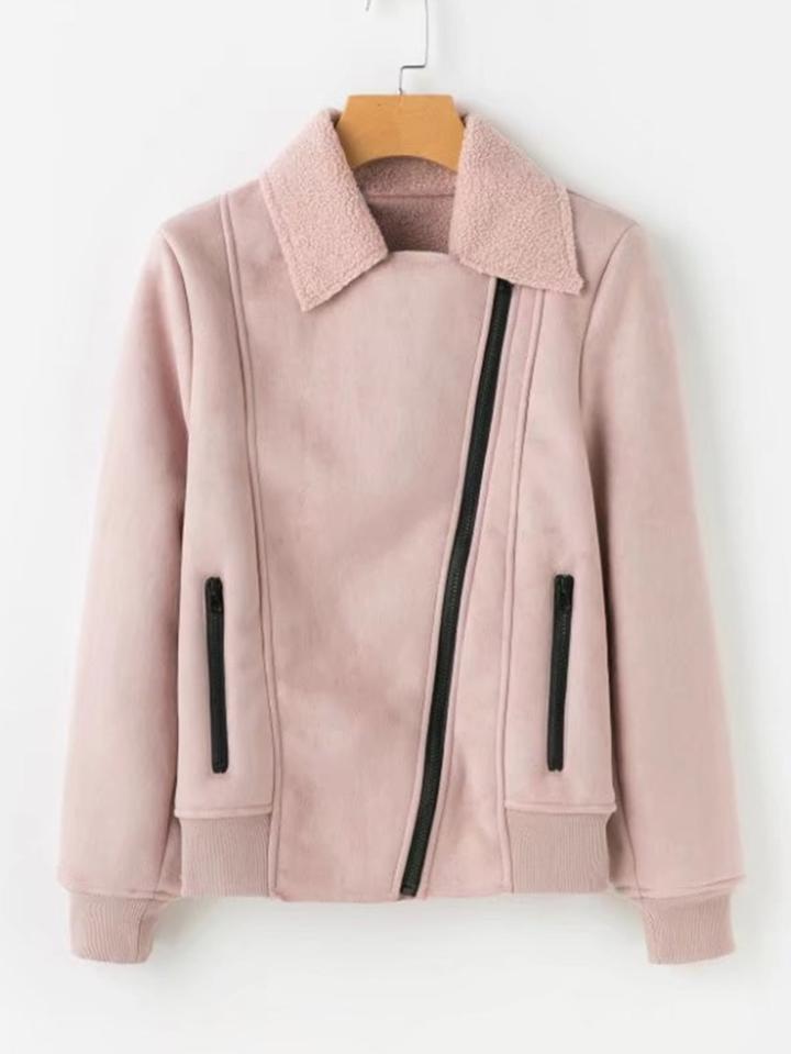 Romwe Oblique Zipper Suede Jacket