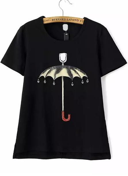 Romwe With Diamond Umbrella Print Black T-shirt