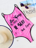 Romwe Hot Pink Letter Print Contrast Trim One-piece Swimwear