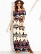 Romwe Multicolor Print Off The Shoulder Ruffle Maxi Dress