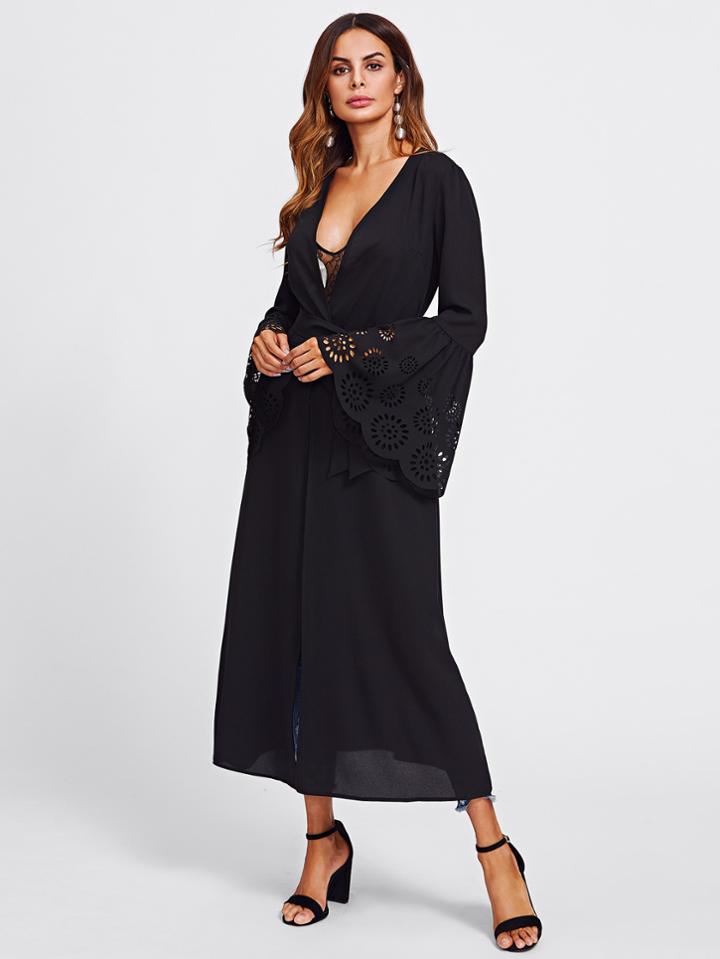 Romwe Laser Cut Bell Sleeve Self Belted Coat
