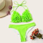 Romwe Neon Green Flower Applique Triangle Bikini Set