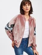 Romwe Eagle Patch Sleeve Zip Up  Velvet Jacket