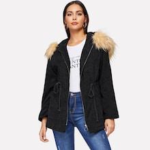 Romwe Faux Fur Hood Detail Drawstring Waist Corduroy Coat