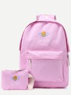 Romwe Pink Front Zipper Canvas Backpack With Clutch