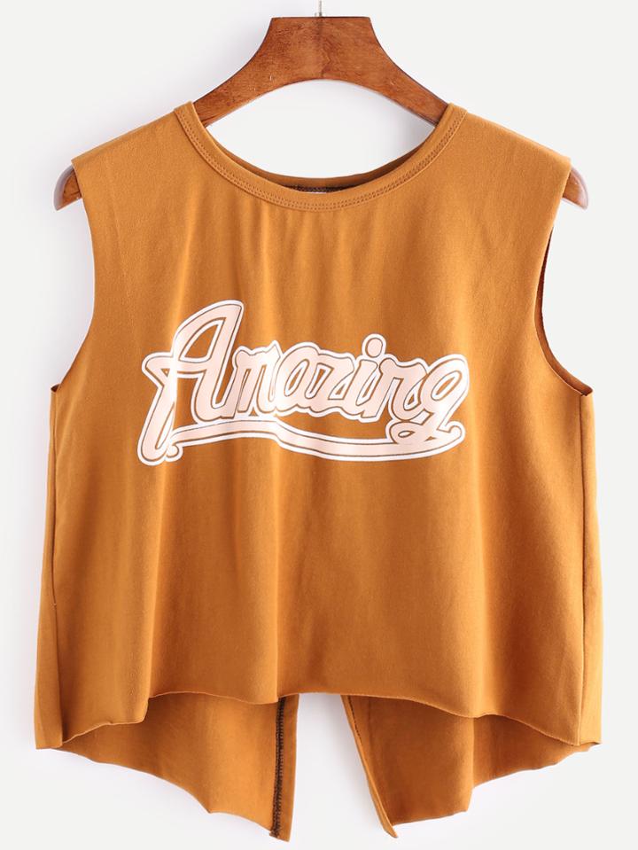 Romwe Khaki Letter Print Slit Back Tank Top