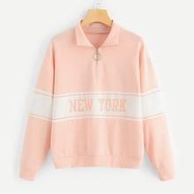 Romwe Zip Half Placket Letter Sweatshirt