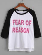 Romwe Color Block Letter Print Raglan Sleeve High Low T-shirt
