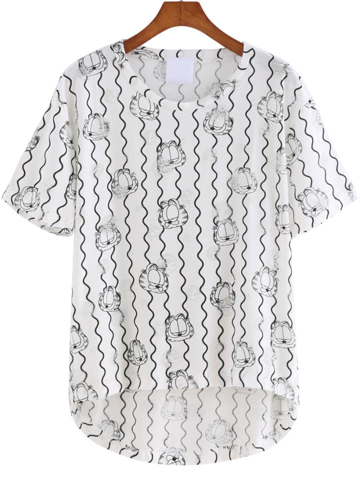 Romwe Dip Hem Garfield Print Ripped T-shirt