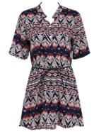 Romwe Stand Collar Vintage Print With Belt Dress