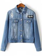 Romwe Blue Cartoon Embroidery Ripped Denim Jacket