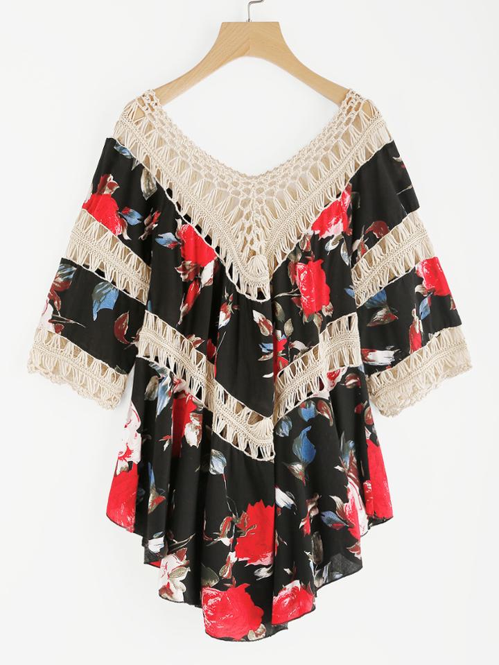 Romwe Hollow Out Crochet Insert Florals Top