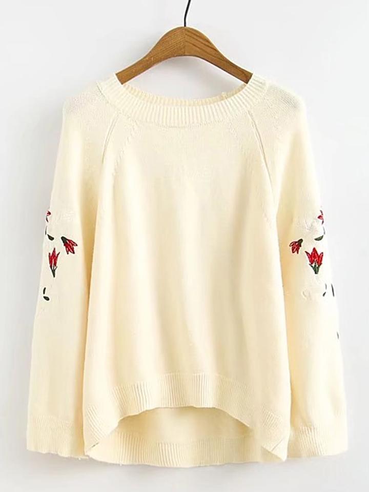 Romwe Raglan Sleeve Flower Embroidery High Low Sweater