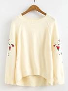 Romwe Raglan Sleeve Flower Embroidery High Low Sweater