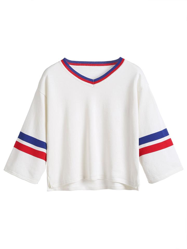 Romwe White V Neck Varsity Striped Dip Hem Sweater