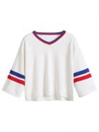 Romwe White V Neck Varsity Striped Dip Hem Sweater