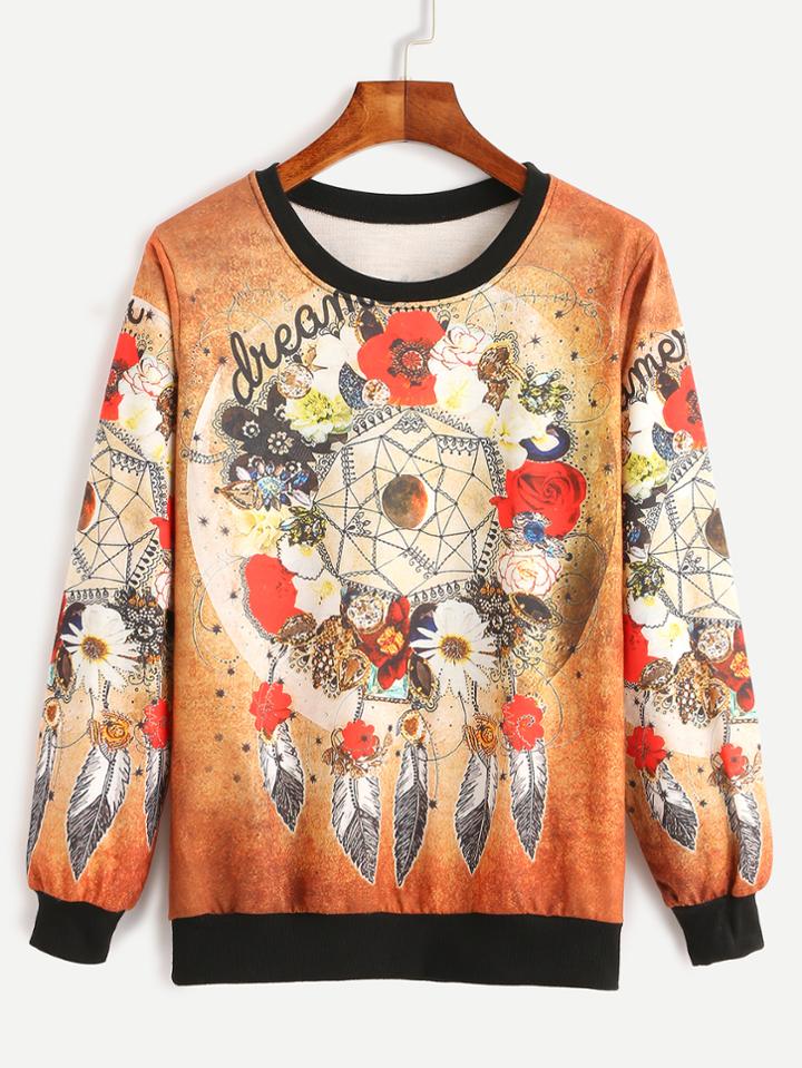 Romwe Flower And Feather Print Contrast Trim Sweatshirt