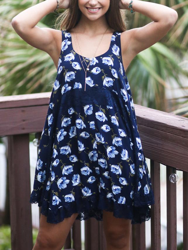 Romwe Navy Flower Print Lace Trim Swing Tank Dress