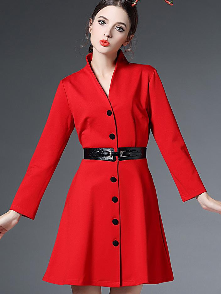 Romwe Red V Neck Long Sleeve Drawstring Dress