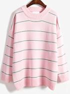 Romwe Round Neck Striped Loose Pink Sweater