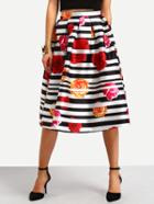 Romwe Striped Rose Print High Waist A-line Skirt