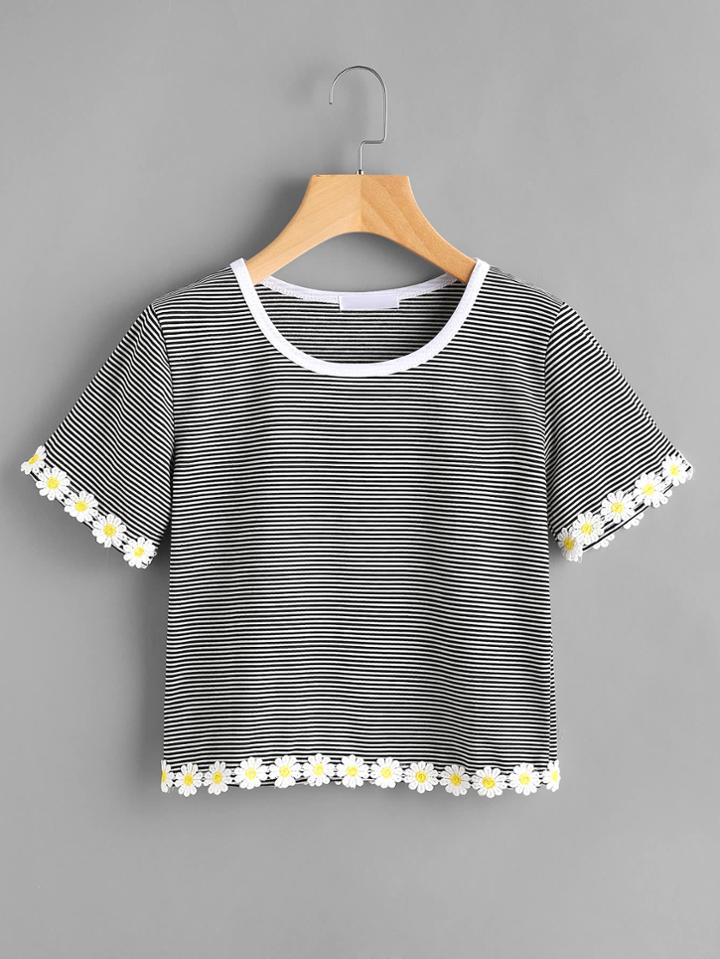 Romwe Pinstripe Flower Lace Trim Ringer Tee