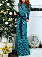 Romwe Long Sleeve Vintage Print Maxi Green Dress