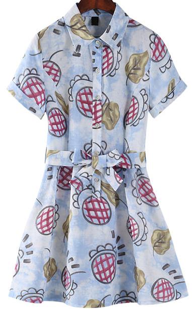 Romwe Lapel With Bow Leaves Print Dress