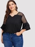 Romwe Dot Mesh Panel Tiered Ruffle Sleeve Top