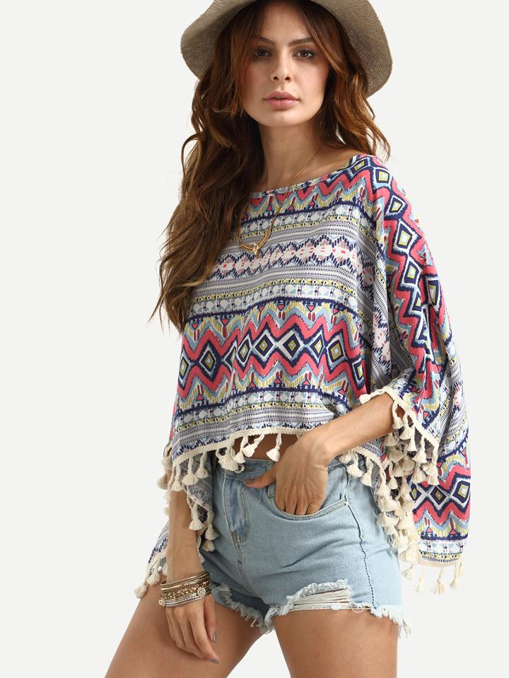 Romwe Multicolor Tribal Print Tassel Trimmed Top