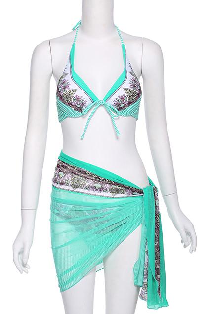 Romwe Ethnic Green Halter Bikini With Scarf