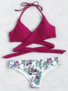 Romwe Floral Halter Wrap Knotted Back Bikini Set