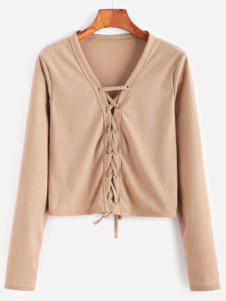 Romwe Light Khaki Lace Up Front Ribbed Crop T-shirt