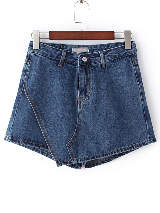 Romwe Dark Blue Button Asymmetrical Denim Shorts