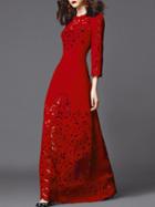 Romwe Red Round Neck Length Sleeve Hollow Dress