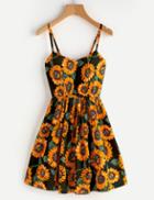 Romwe Sunflower Print Random Lace Up Back Cami Dress