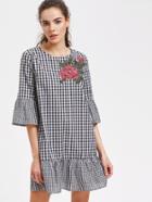 Romwe Embroidered Rose Applique Ruffle Trim Checkered Dress