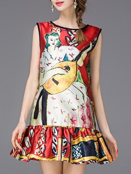 Romwe Red Crew Neck Print Drop Waist Dress